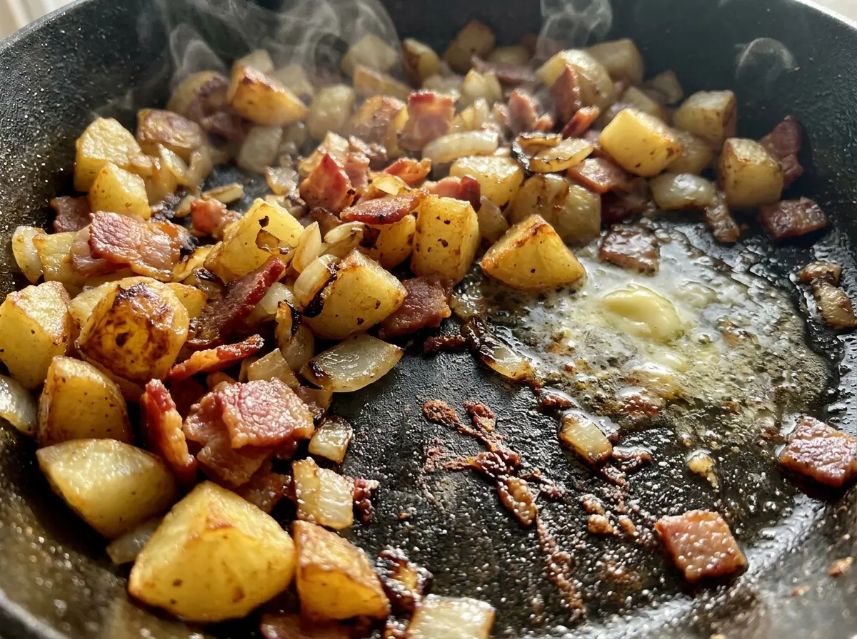 Bacon and Onion Skillet Potatoes crisp golden cubes