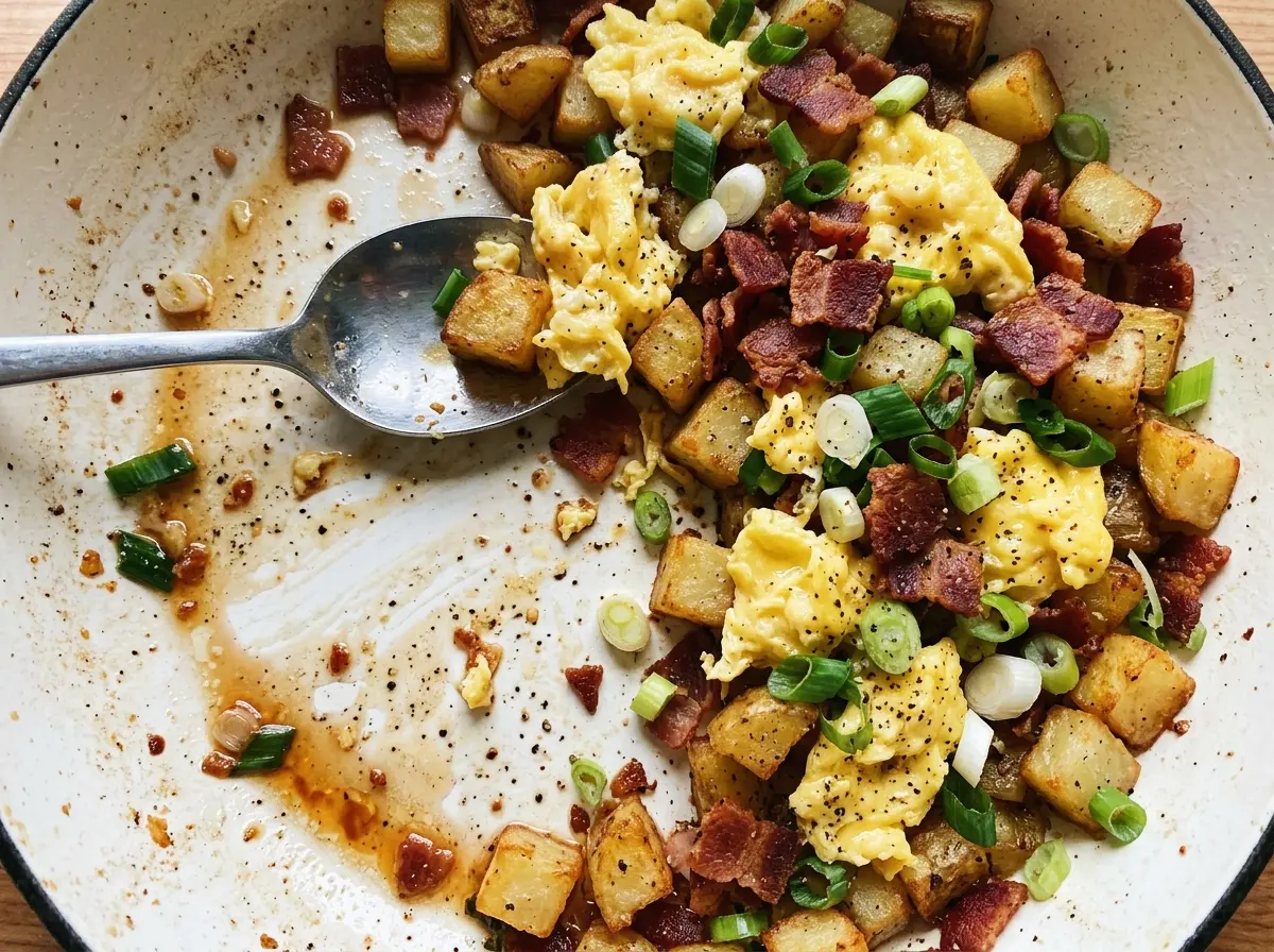Bacon egg and potato breakfast skillet with crisp bacon and golden potatoes