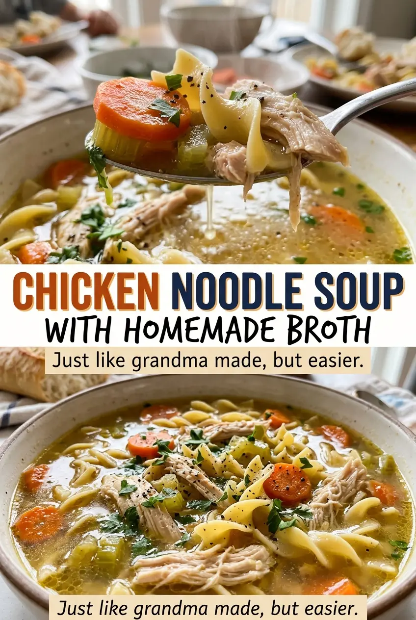 Chicken noodle soup with homemade broth, clear broth and tender noodles