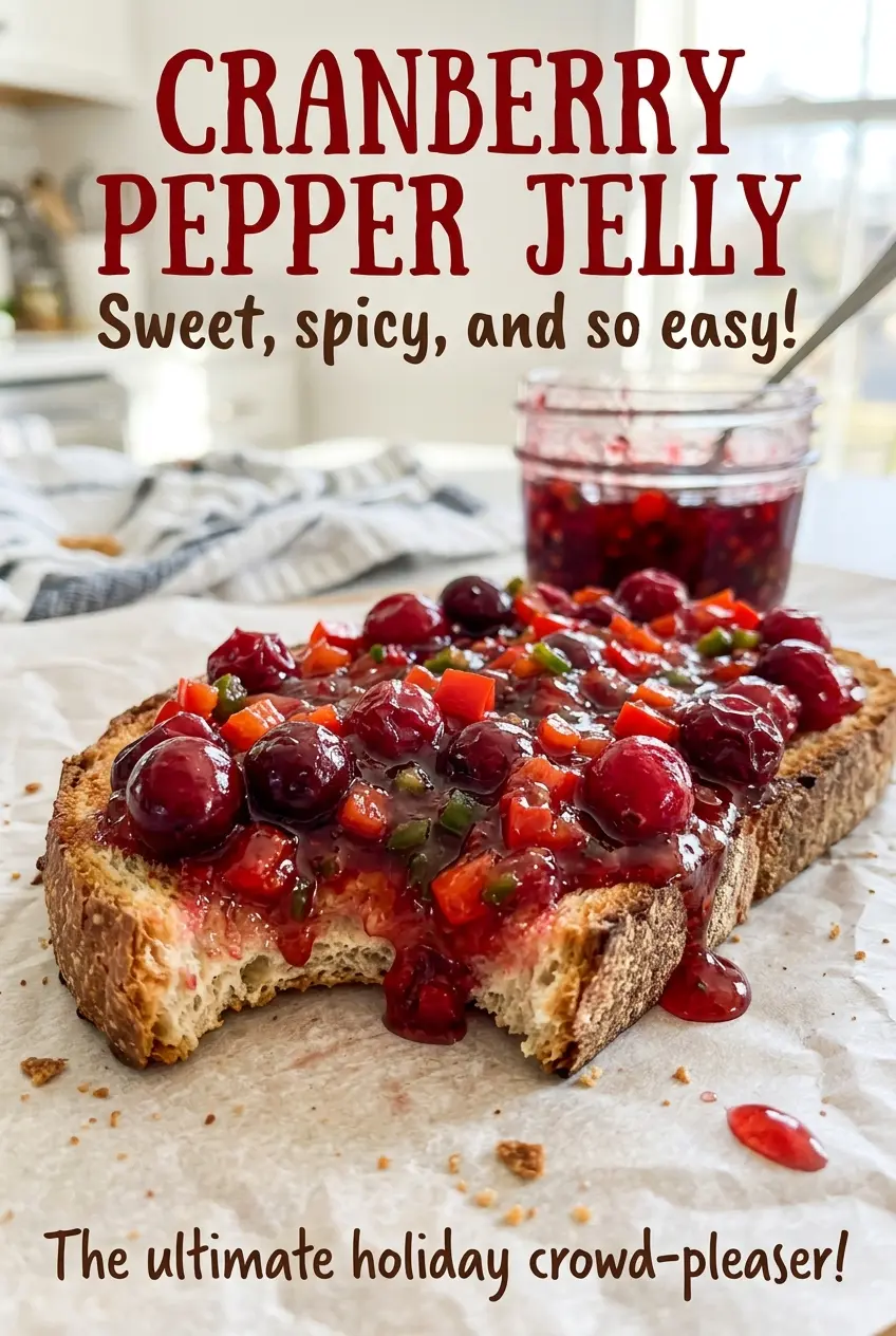 Cranberry Pepper Jelly, glossy and pepper-flecked