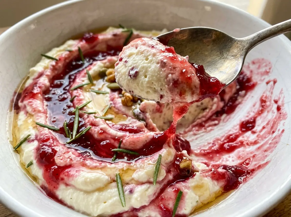 Cranberry Whipped Feta Dip with creamy, ruby topping