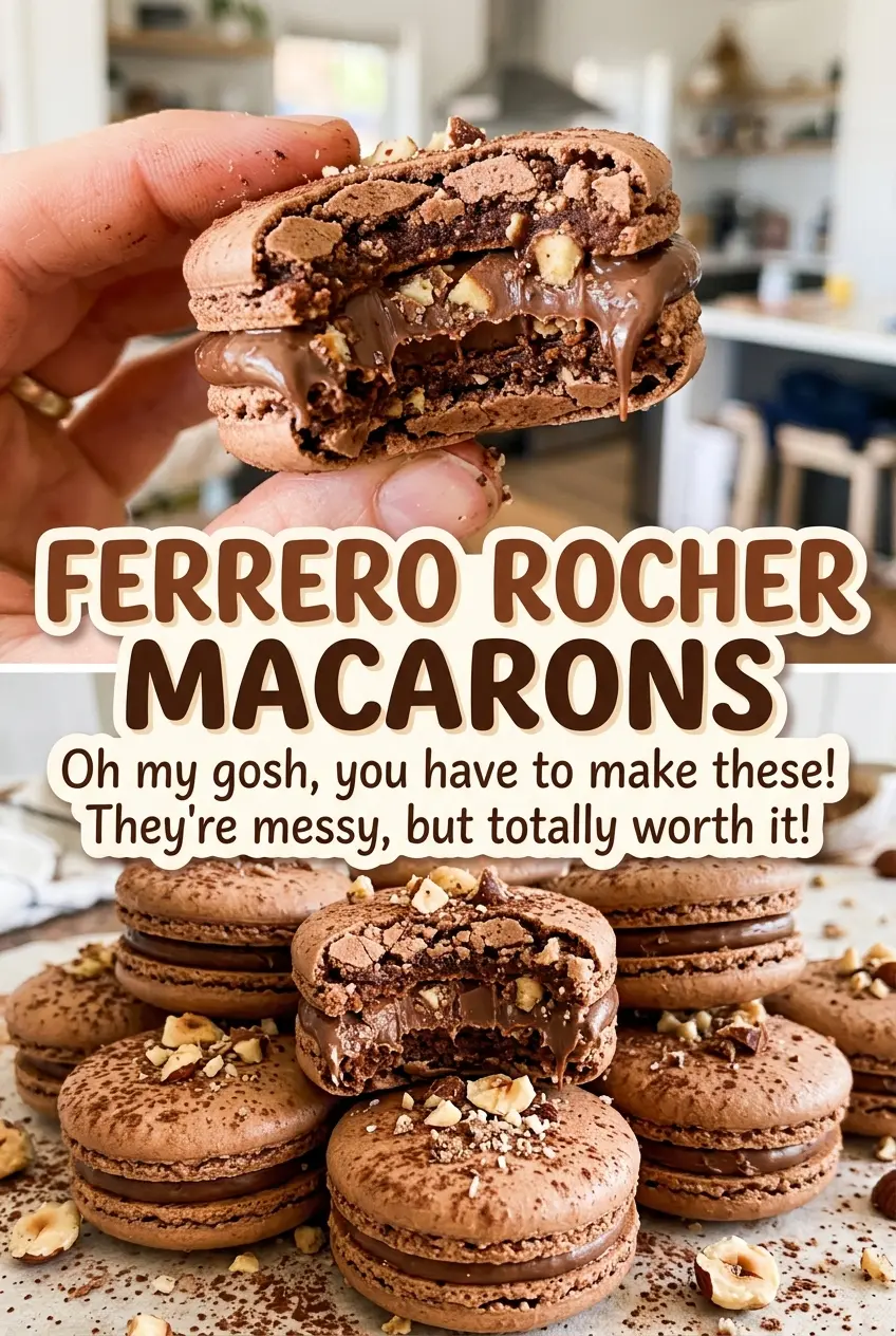 Ferrero Rocher macarons with chocolate filling and hazelnuts