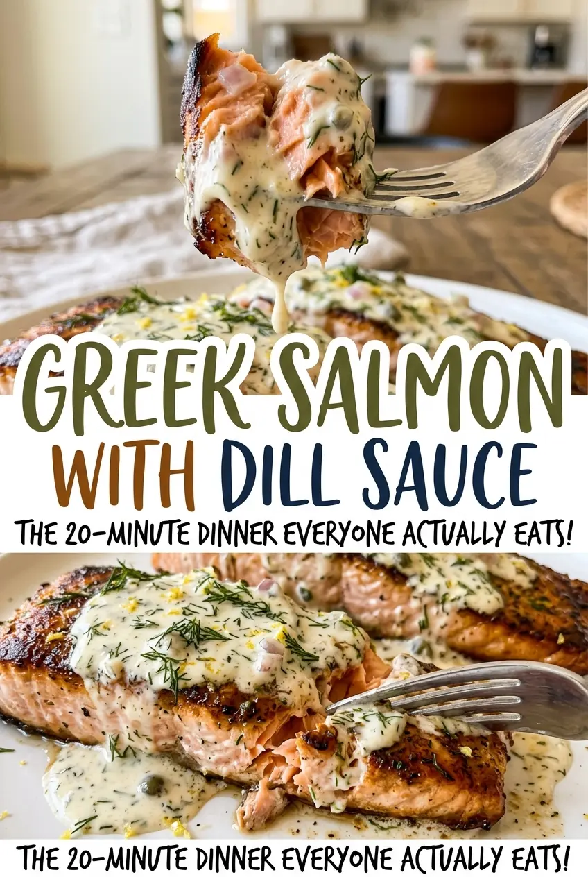 Greek salmon with dill sauce, flaky lemon-herb