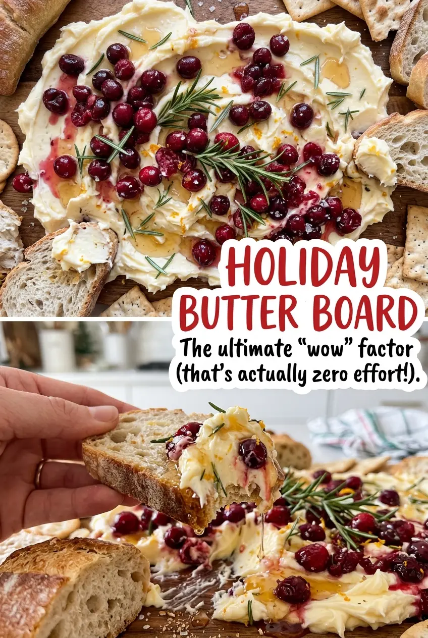 Holiday Butter Board with ruby fruit and fresh herbs