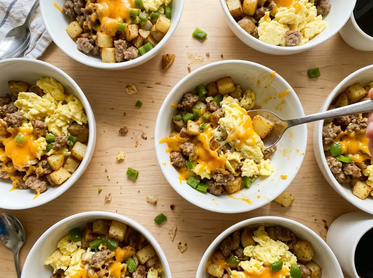 Make Ahead Breakfast Bowls with browned potatoes and cheddar