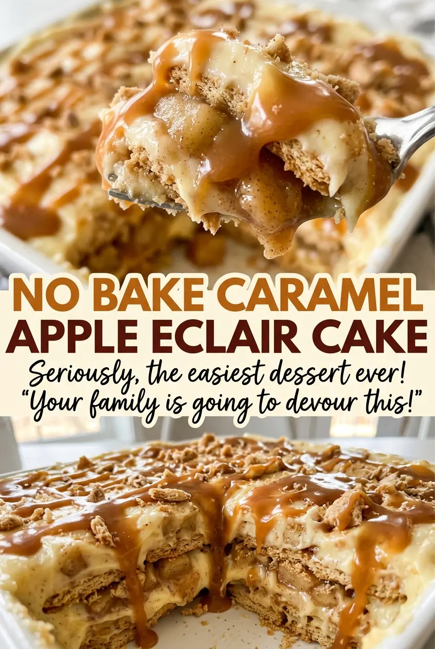 No Bake Caramel Apple Eclair Cake layered apple dessert