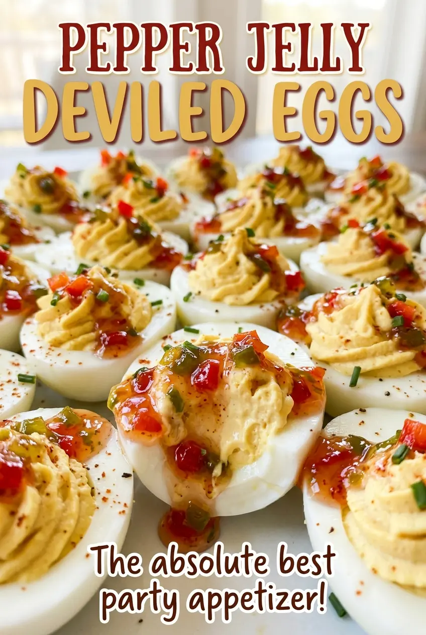 Pepper Jelly Deviled Eggs glossy peppery centers