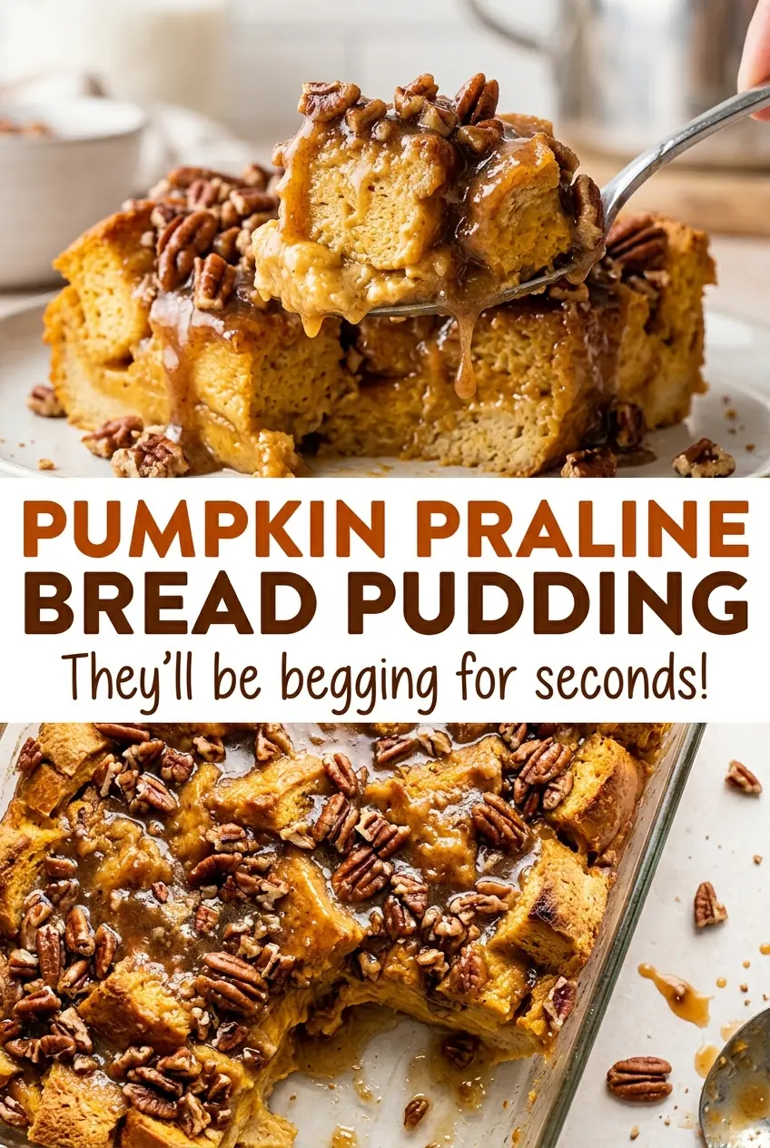 Pumpkin Praline Bread Pudding, pumpkin custard pecans