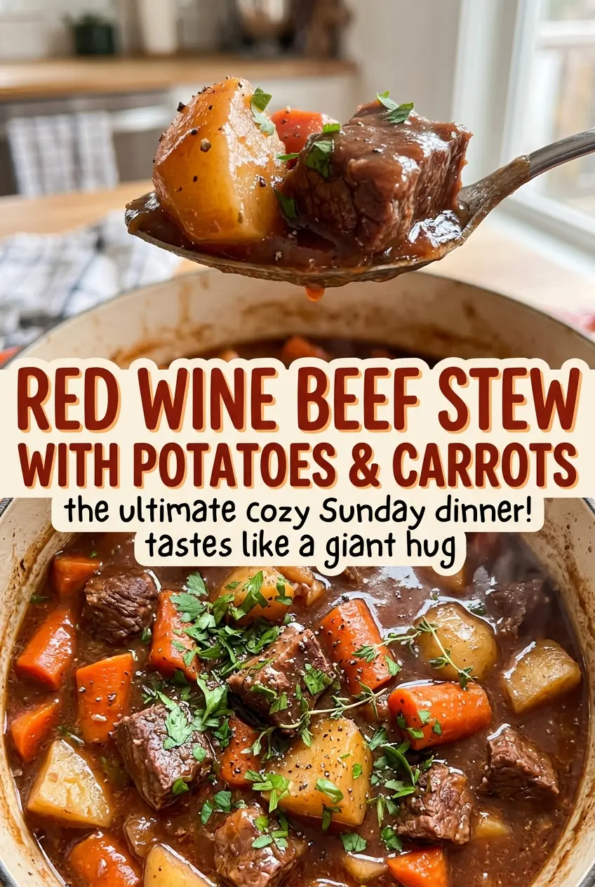 Red Wine Beef Stew with Potatoes and Carrots, cozy, savory, hearty