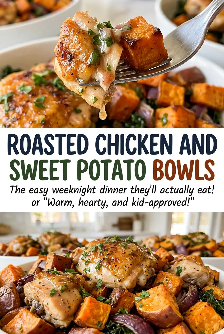 Roasted Chicken and Sweet Potato Bowls with creamy yogurt drizzle