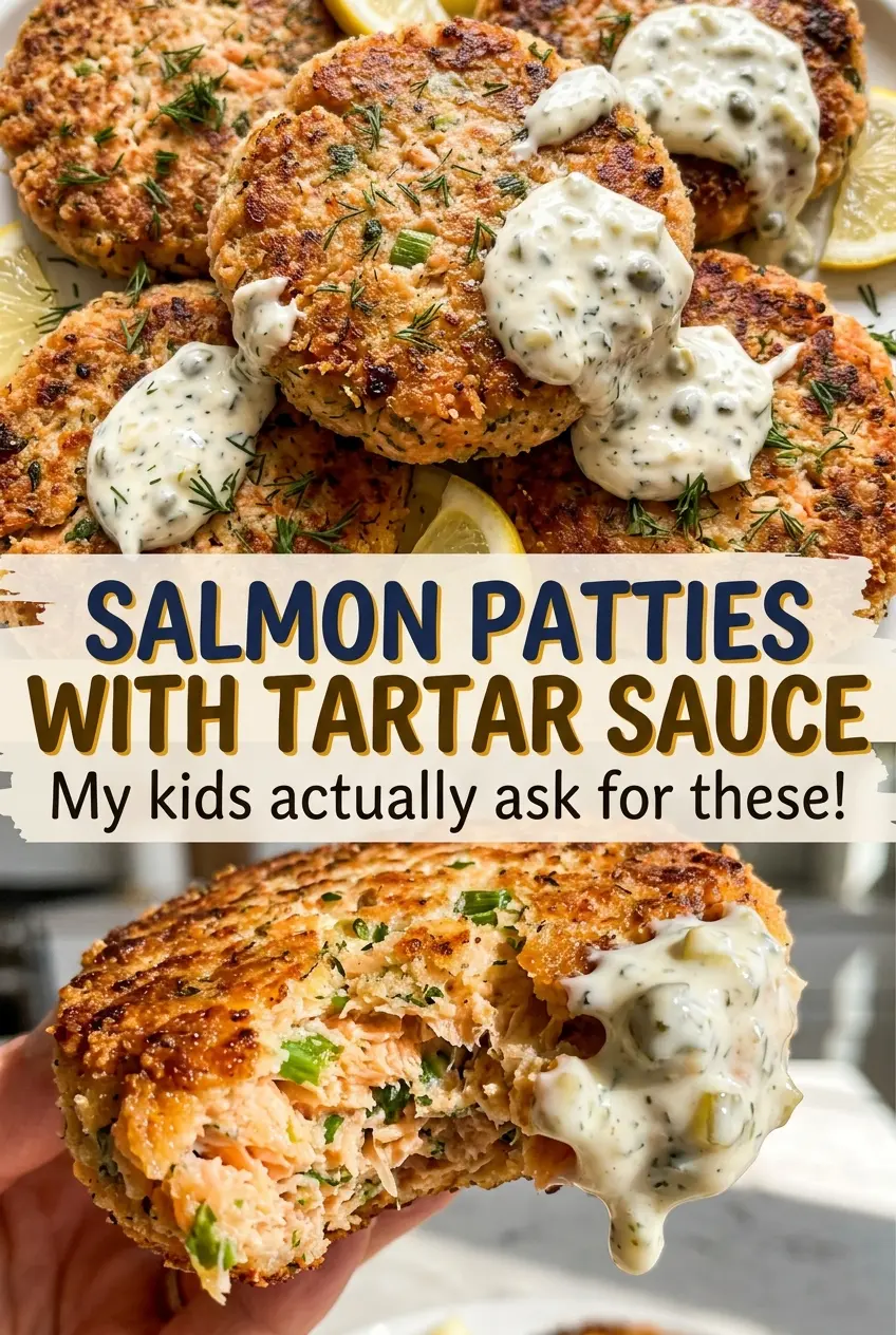 Salmon patties with tartar sauce, flaky and crisp