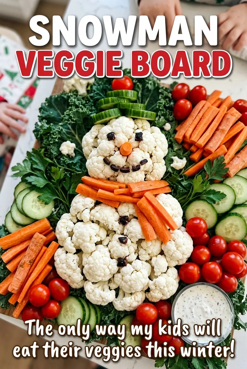 Snowman Veggie Board with crisp, colorful veggie clusters