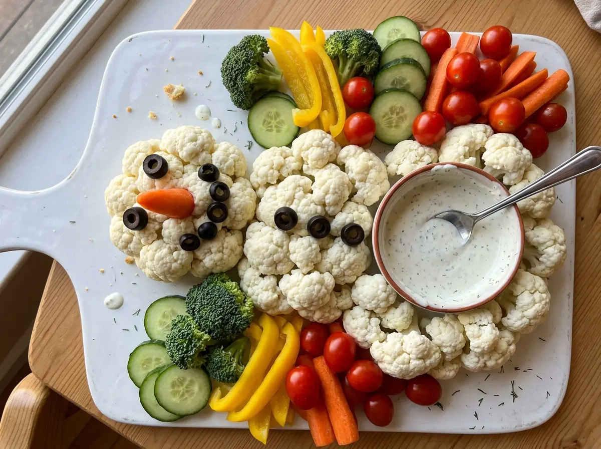 Snowman Veggie Board with bright, colorful vegetables