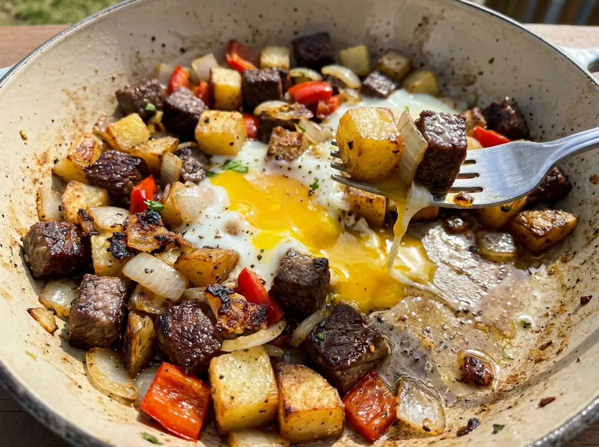 Steak and Potato Breakfast Hash with crisp browned potatoes