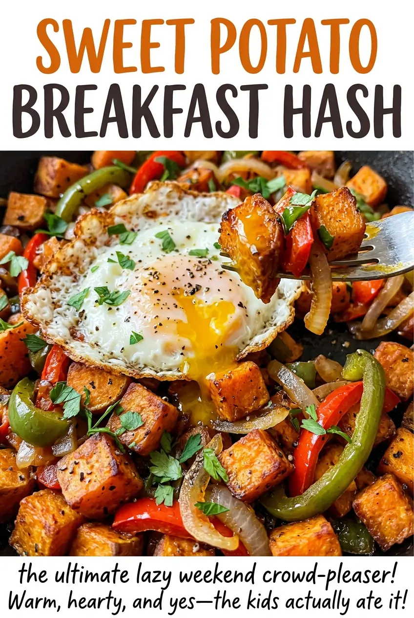 Sweet Potato Breakfast Hash with tender potatoes and skillet eggs