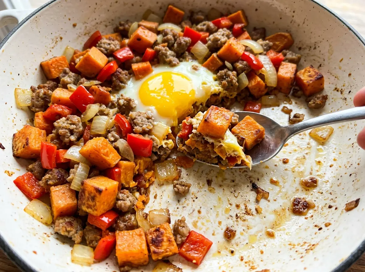 Sweet Potato Breakfast Hash with browned sausage and eggs