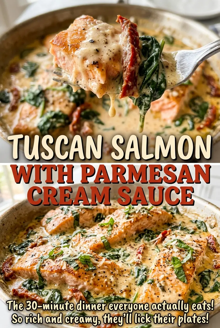 Tuscan Salmon with Parmesan Cream Sauce, silky spinach and tomatoes